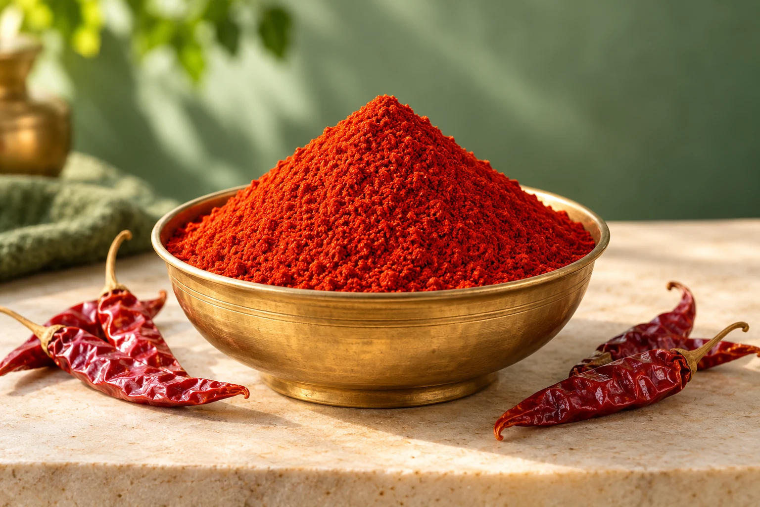 Illustrative photograph of chilli powder in a brass bowl