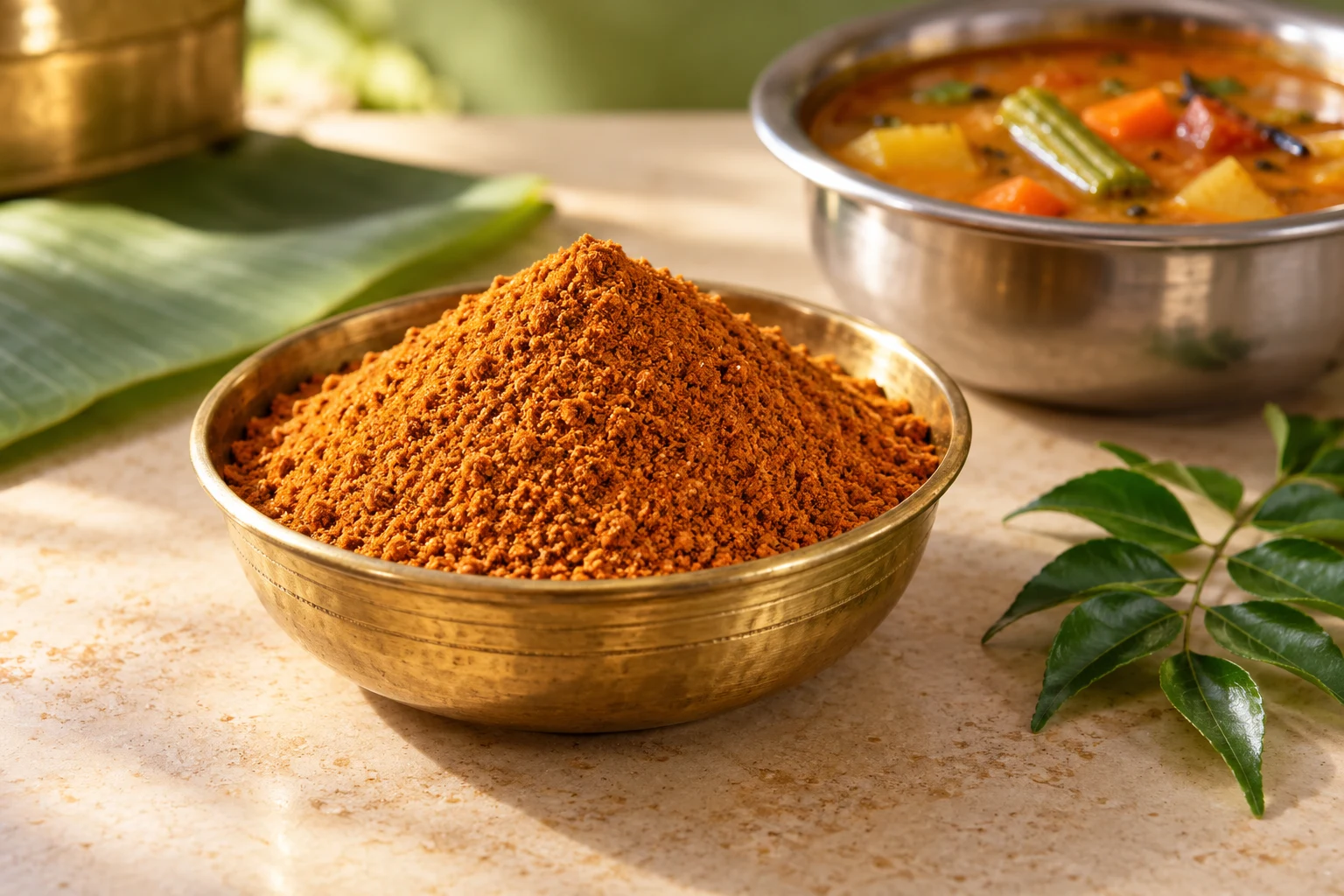 Illustrative photograph of sambar powder in a brass bowl